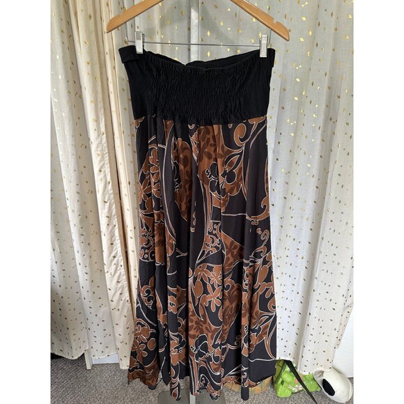 Kalaheo Hawaiian Tropical Stretch Strapless Smocked Back Brown Midi Dress XL - Picture 3 of 5
